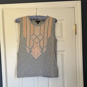 Gray Sleeveless Top with Pink Geometric Embroidery